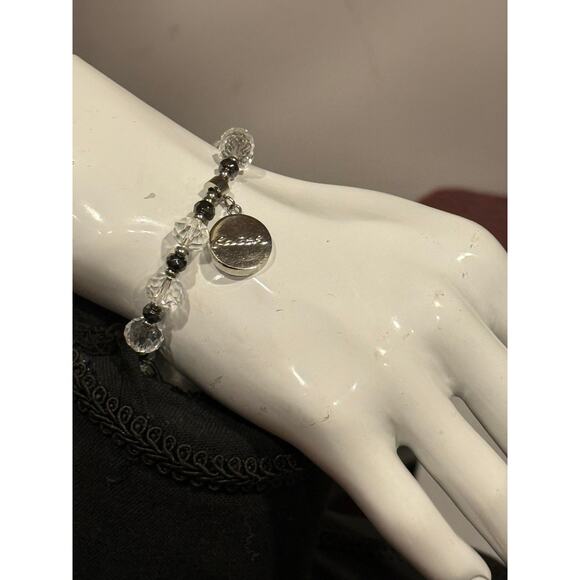 Rustic Cuff Christian Faith Stretch Bracelet Silver & Clear Beads Charm Logo - Picture 7 of 16